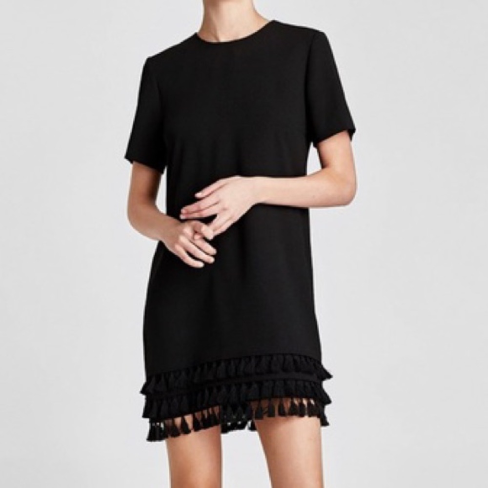 Zara Woman black short sleeve tassel fringe mini dress